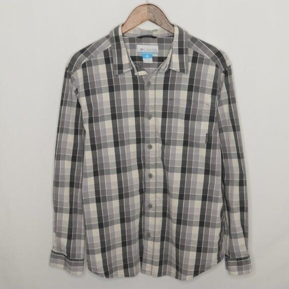 Columbia Regular Fit Men's Large Gray White Plaid Long Sleeve Button Up Shirt - Picture 1 of 10